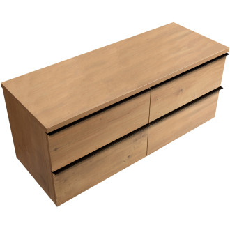 CERANO - Koupelnová skříňka Velora - dub medový, úchytka černá + deska pod umyvadlo Navira Pro - 36 mm - 140x56,6x46,5 cm