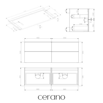 CERANO - Koupelnová skříňka pod umyvadlo s úchytkou/deskou pod umyvadlo Velora - 36 mm - dub medový, černá úchytka - 138x53x45,2 cm