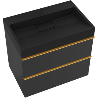 CERANO - Koupelnová skříňka Velora - černá matná - úchytka zlatá + umyvadlo  z litého mramoru Vita  - černá - 70x53x46 cm