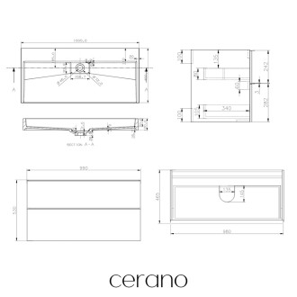 CERANO - Koupelnová skříňka Velora - dub medový - úchytka černá + umyvadlo  z litého mramoru Vita - bílá matná - 100x53x46 cm