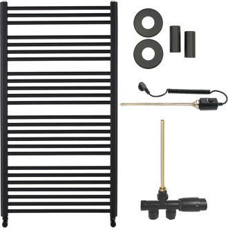 CERANO - Koupelnový radiátorový set Alberto - kombinované vytápění, termo tyč - boční jednobodové připojení - 600W - černá matná - 1180x650 mm