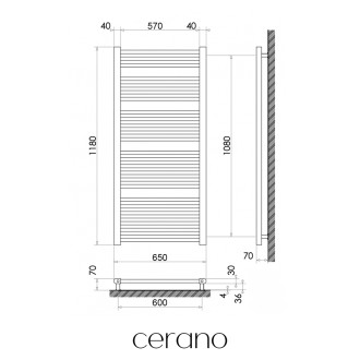 CERANO - Koupelnový radiátorový set Alberto - kombinované vytápění, termo tyč - boční jednobodové připojení - 716W - černá matná - 1180x650 mm