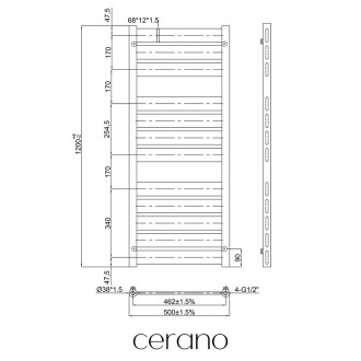 CERANO - Koupelnový radiátorový set Arturo - kombinované vytápění, termo tyč - boční jednobodové připojení - 644W - černá matná - 1200x500 mm