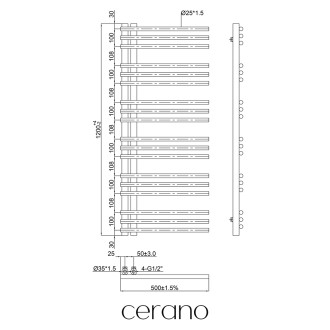CERANO - Koupelnový radiátorový set Burke - ústřední vytápění - asymetrické připojení 50 mm - 562W - černá matná - 1200x500 mm