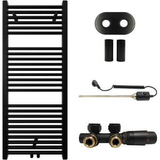 CERANO - Koupelnový radiátorový set Lincoln - kombinované výtápění, termo tyč - středové připojení 50 mm - 300W - černá matná - 1200x500 mm