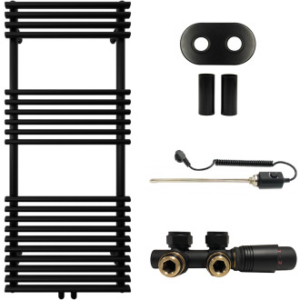 CERANO - Koupelnový radiátorový set Luigi - kombinované výtápění, termo tyč - středové připojení 50 mm - 545W - černá matná - 1200x500 mm