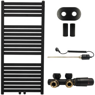 CERANO - Koupelnový radiátorový set Luigino - kombinované výtápění, termo tyč - středové připojení 50 mm - 300W - černá matná - 970x450 mm