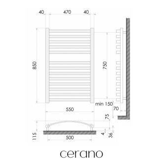 CERANO - Koupelnový radiátorový set Paolo - kombinované vytápění, termo tyč - boční jednobodové připojení - 568W - černá matná - 850x550 mm