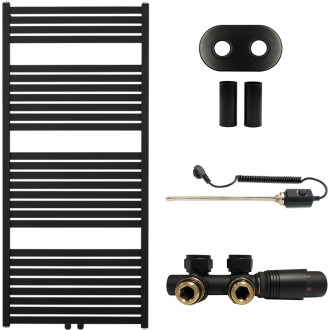 CERANO - Koupelnový radiátorový set Vincenzo - kombinované výtápění, termo tyč - středové připojení 50 mm - 600W - černá matná - 1330x600 mm