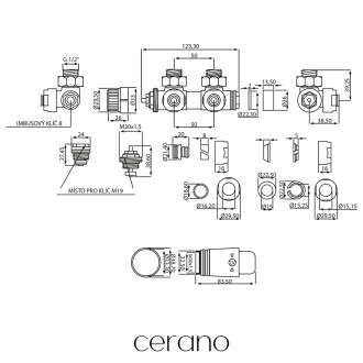 CERANO Termost.sada ventilů středové přip., typ DUOPLEX černá matná/zlatá lesklá CER-018-S