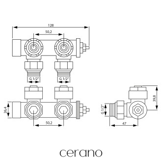 CERANO - Připojovací sada radiátorového ventilu s termostatickou hlavicí - středové připojení 50mm - chrom