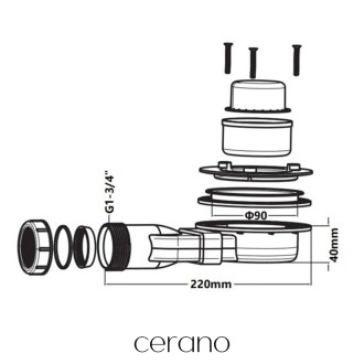 CERANO - Sifon sprchové vaničky 90mm - Slim - DN40 - příruba šedá