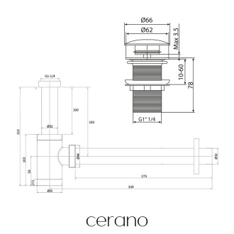 CERANO - Sifon umyvadlový - mosaz - DN32 mm - s výpustí click-clack, bez přepadu - černá matná