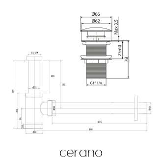 CERANO - Sifon umyvadlový - mosaz - DN32 mm s výpustí click-clack s přepadem - černá