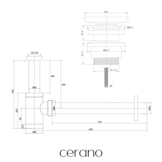 CERANO - Sifon umyvadlový - mosaz - DN32 mm s výpustí click-clack s přepadem - keramická zátka - bílá