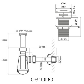 CERANO - Sifon umyvadlový - plast - DN32/40/50 s výpustí click-clack s přepadem - bílá