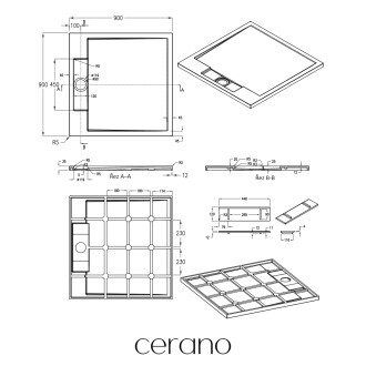 CERANO - Sprchová vanička čtvercová Loro - litý mramor - tmavě šedá - 90x90x3,5 cm