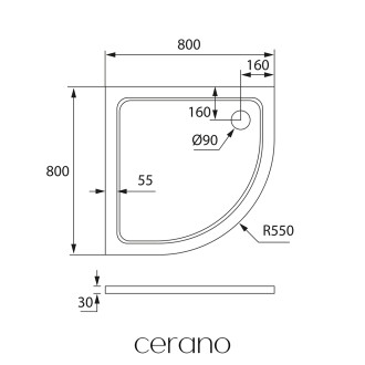 CERANO - Sprchová vanička čtvrtkruhová Piato - litý mramor - bílá lesklá - 80x80x3 cm