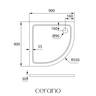 CERANO - Sprchová vanička čtvrtkruhová Piato - litý mramor - bílá lesklá - 90x90x3 cm