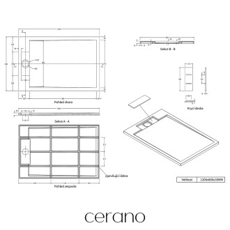 CERANO - Sprchová vanička obdélníková Loro - litý mramor - bílá matná - 120x80x3,5 cm