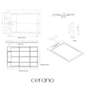 CERANO - Sprchová vanička obdélníková Loro - litý mramor - tmavě šedá - 120x80x3,5 cm