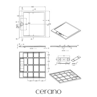 CERANO - Sprchová vanička čtvercová Loro - litý mramor - bílá matná - 100x100x3,5 cm