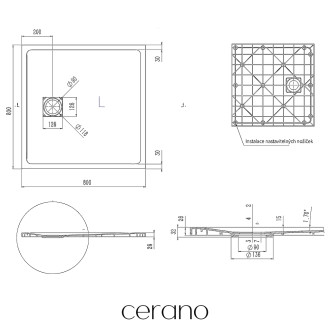 CERANO - Sprchová vanička čtvercová Pablo - SMC/minerální kompozit - strukturovaná černá matná - 80x80x3 cm