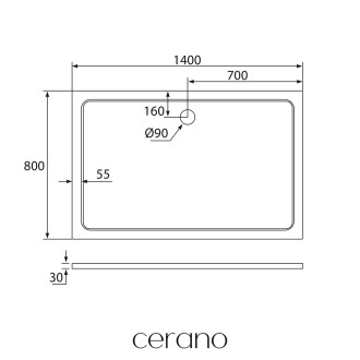 CERANO - Sprchová vanička obdélníková Piato - litý mramor - bílá lesklá - 140x80x3 cm