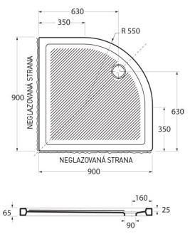 vanička keramická FERDY čtvrtkruh 90x90x6,5 cm VANKEFE90