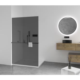 CERANO - Sprchová zástěna Walk-in Crystal L/P - 8 mm + polička/držák na ručníky - bezvzpěrový systém - černá matná, grafitové sklo - 130x200 cm