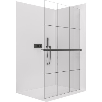 CERANO - Sprchová zástěna Walk-in Crystal L/P - 8 mm + polička/držák na ručníky - bezvzpěrový systém - černá matná, industriální sklo - 140x200 cm