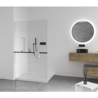 CERANO - Sprchová zástěna Walk-in Crystal L/P - 8 mm + polička/držák na ručníky - bezvzpěrový systém - černá matná, transparentní sklo - 110x200 cm