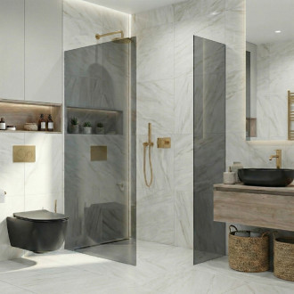 CERANO - Sprchová zástěna Walk-in Crystal T L/P - 8 mm - bezvzpěrový systém - zlatá kartáčovaná, grafitové sklo - 90x80x200 cm