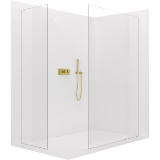 CERANO - Sprchová zástěna Walk-in Crystal T L/P - 8 mm - bezvzpěrový systém - zlatá kartáčovaná, transparentní sklo- 140x130x200 cm