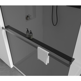 CERANO - Sprchová zástěna Walk-in Crystal T L/P - 8 mm - bezvzpěrový systém + polička/držák na ručníky - černá matná, grafitové sklo - 110x50x200 cm