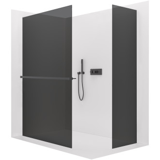 CERANO - Sprchová zástěna Walk-in Crystal T L/P - 8 mm - bezvzpěrový systém + polička/držák na ručníky - černá matná, grafitové sklo - 150x70x200 cm