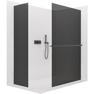 CERANO - Sprchová zástěna Walk-in Crystal T L/P - 8 mm - bezvzpěrový systém + polička/držák na ručníky - černá matná, grafitové sklo - 90x60x200 cm