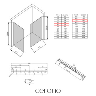CERANO - Sprchová zástěna Walk-in Crystal T L/P - 8 mm - bezvzpěrový systém + polička/držák na ručníky - černá matná, grafitové sklo - 90x70x200 cm