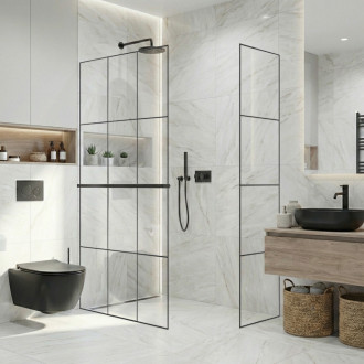 CERANO - Sprchová zástěna Walk-in Crystal T L/P - 8 mm - bezvzpěrový systém + polička/držák na ručníky - černá matná, industriální sklo - 120x90x200 c