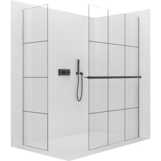 CERANO - Sprchová zástěna Walk-in Crystal T L/P - 8 mm - bezvzpěrový systém + polička/držák na ručníky - černá matná, industriální sklo - 140x130x200