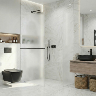 CERANO - Sprchová zástěna Walk-in Crystal T L/P - 8 mm - bezvzpěrový systém + polička/držák na ručníky - černá matná, mléčné sklo - 110x100x200 cm