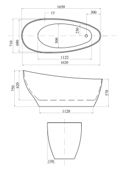 BESCO vana volně stojící KEYA 1650x700 mm, bílá barva, litý mramor VANSAP16W