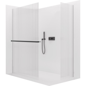CERANO - Sprchová zástěna Walk-in Crystal T L/P - 8 mm - bezvzpěrový systém + polička/držák na ručníky - černá matná, rýhované sklo - 150x50x200 cm