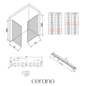 CERANO - Sprchová zástěna Walk-in Crystal T L/P - 8 mm - bezvzpěrový systém + polička/držák na ručníky - černá matná, transparentní sklo - 140x100x200