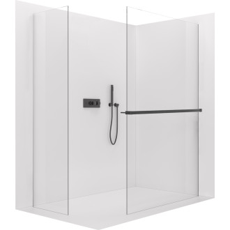CERANO - Sprchová zástěna Walk-in Crystal T L/P - 8 mm - bezvzpěrový systém + polička/držák na ručníky - černá matná, transparentní sklo - 90x70x200 c