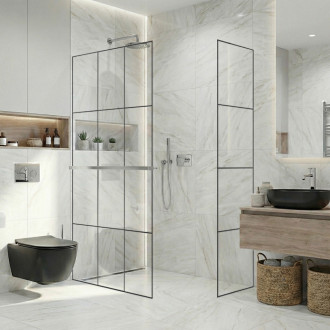 CERANO - Sprchová zástěna Walk-in Crystal T L/P - 8 mm - bezvzpěrový systém + polička/držák na ručníky - chrom, industriální sklo - 150x90x200 cm