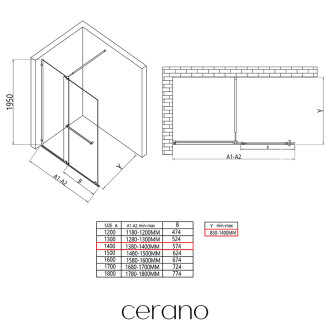 CERANO - Sprchová zástěna Walk-in Medin L/P - 8 mm - černá matná, transparentní sklo - 140x195 cm - dvoudílná posuvná