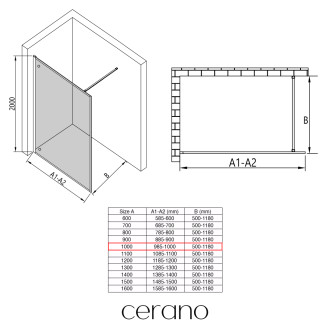 CERANO - Sprchová zástěna Walk-in Moreli L/P - 8 mm - černá matná, transparentní sklo - 100x200 cm