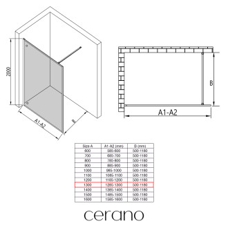 CERANO - Sprchová zástěna Walk-in Moreli L/P - 8 mm - černá matná, transparentní sklo - 130x200 cm