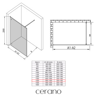 CERANO - Sprchová zástěna Walk-in Moreli L/P - 8 mm - černá matná, transparentní sklo - 140x200 cm